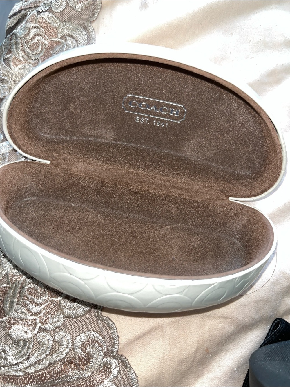 Coach White Embossed Sunglasses Case with Brown Suede Interior